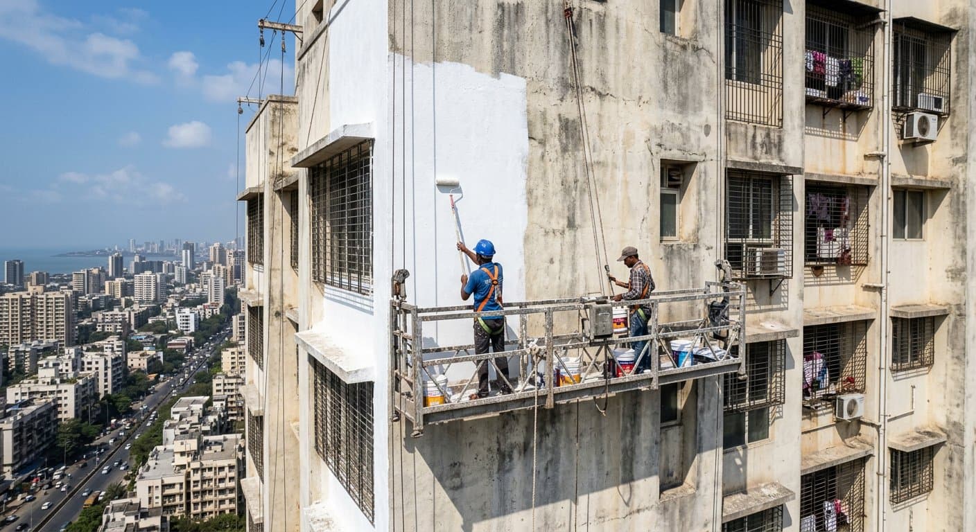 Rope-access facade painting on a high-rise building