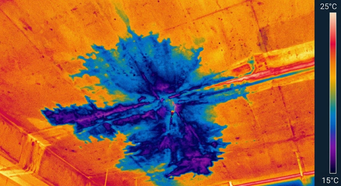 Thermal camera scanning a ceiling slab to trace a leakage path