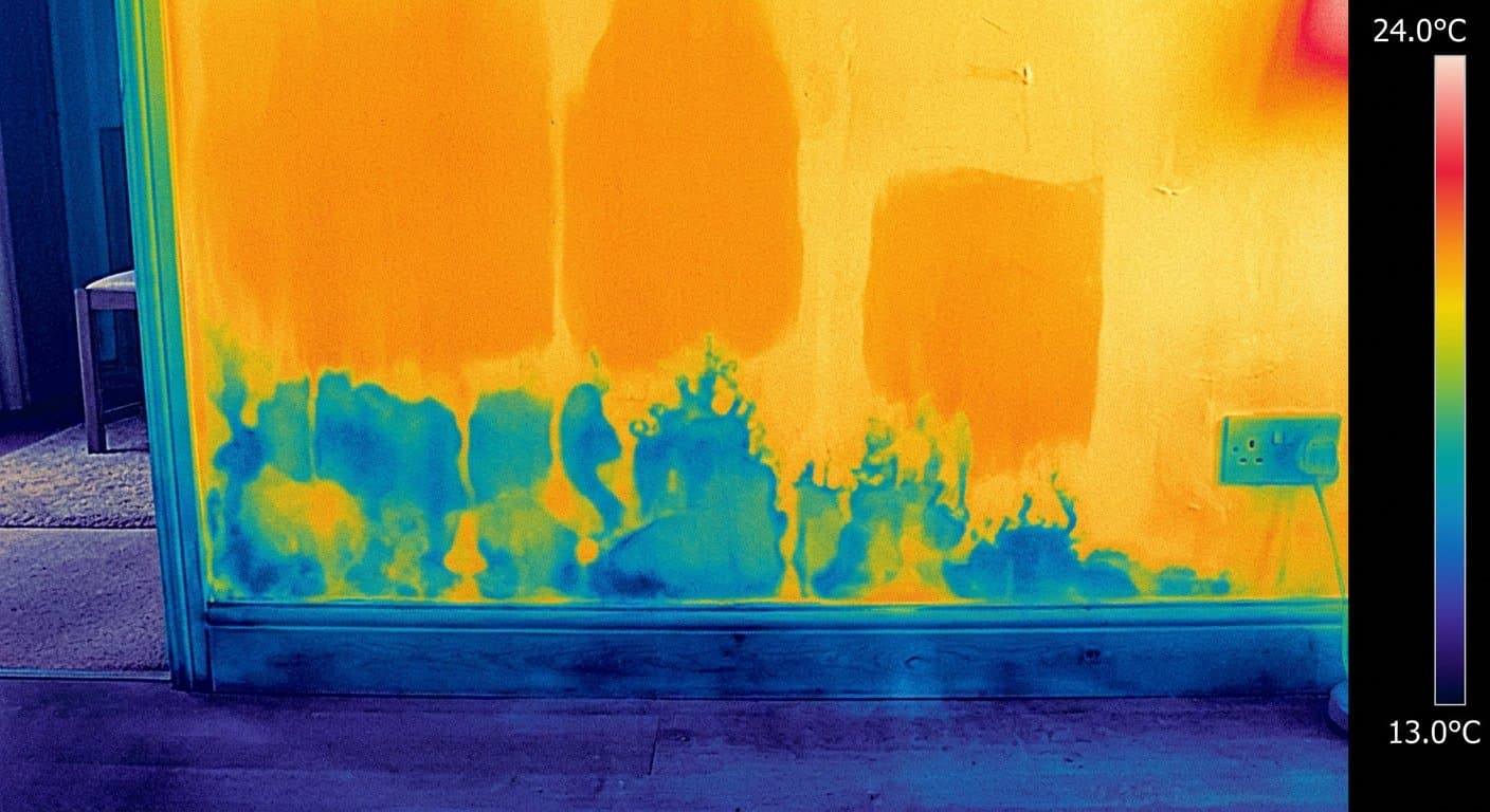 Thermal imaging survey mapping damp patches on an interior wall before repainting